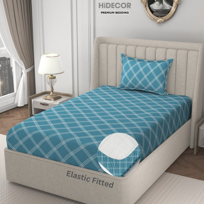 HIDECOR 280 TC Microfiber Single Geometric Fitted (Elastic) Bedsheet(Pack of 1, Blue)
