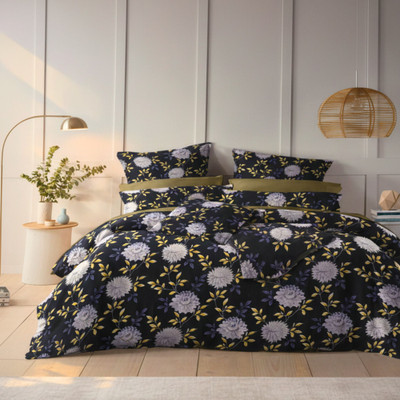 SOFTWEAVE Cotton King Flat 300 TC Floral Bedsheet(Pack of 1, Navy Blue)