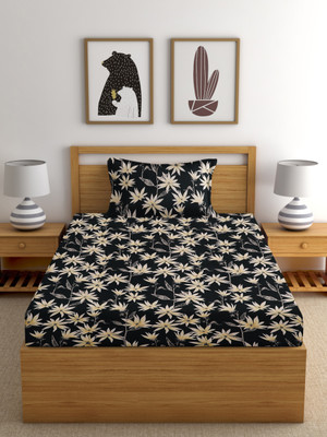 REFIZE 244 TC Cotton Single Printed Fitted (Elastic) Bedsheet(Pack of 1, Black Flower)
