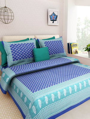 E ELMA 210 TC Cotton Double Jaipuri Prints Flat Bedsheet(Pack of 1, Blue)
