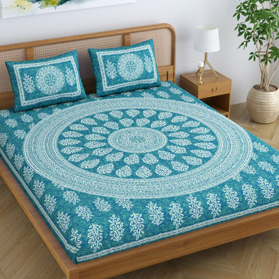 SheetKart Cotton Double Flat 144 TC Floral Bedsheet(Pack of 1, Green)