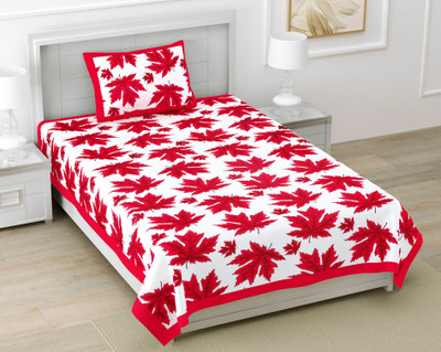 BharatLinen Cotton Single Flat 144 TC Printed Bedsheet(Pack of 1, Red, White)