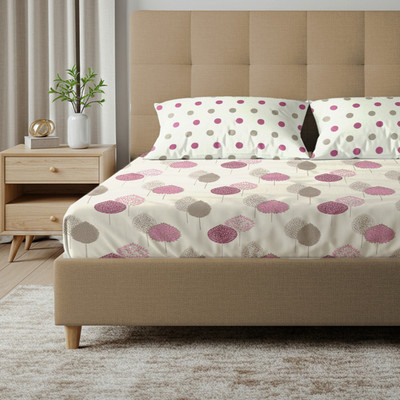 Urban Space Cotton King Fitted (Elastic) 200 TC Floral Bedsheet(Pack of 1, Drops Pink)