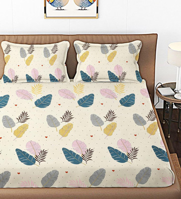 Anand Creative Store Cotton Double Fitted (Elastic) 244 TC Floral Bedsheet(Pack of 1, Off White)