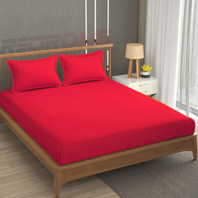 REDROME Cotton Double Flat 300 TC Striped Bedsheet(Pack of 1, Red)