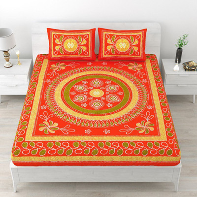 HOMEQUIPO 144 TC Cotton Double Jaipuri Prints Flat Bedsheet(Pack of 1, Orange)