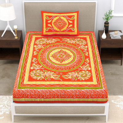 Mandakini 140 TC Cotton Single Jaipuri Prints Flat Bedsheet(Pack of 1, Orange)
