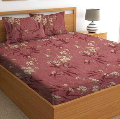 Decent Home Cotton Double Fitted (Elastic) 240 TC Floral Bedsheet(Pack of 1, Maroon)