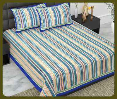 JAIPUR PRINTS Cotton Double Flat 240 TC Striped Bedsheet(Pack of 1, Blue)