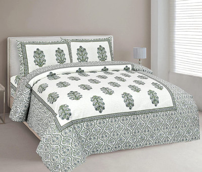 GrihSansaar Cotton Double Flat 210 TC Jaipuri Prints Bedsheet(Pack of 1, Green)