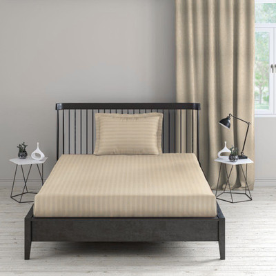 roman Cotton Single Flat 300 TC Striped Bedsheet(Pack of 1, Cream)