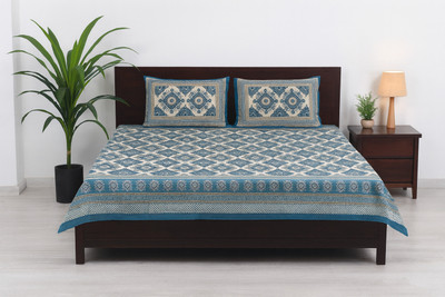 uniquebedsheets 120 TC Cotton King Jaipuri Prints Flat Bedsheet(Pack of 1, Blue)