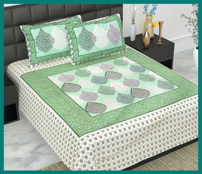 JAIPUR PRINTS Cotton Double Flat 240 TC Jaipuri Prints Bedsheet(Pack of 1, Green)