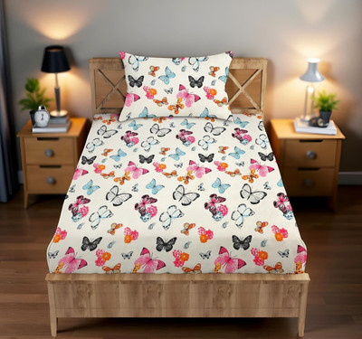 BharatLinen Cotton Single Flat 144 TC Printed Bedsheet(Pack of 1, Off White)