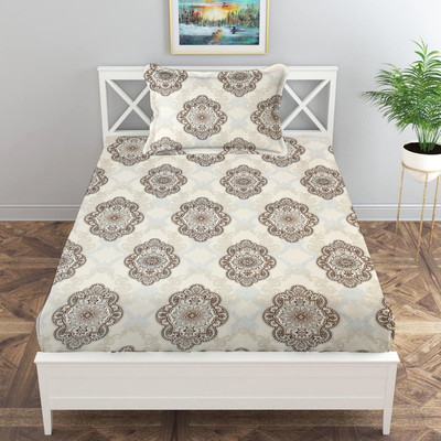 KKS Collections Cotton Single Flat 144 TC Printed Bedsheet(Pack of 1, Beige with Black Flower)