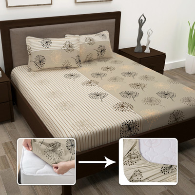 Story@home 186 TC Cotton King Printed Fitted (Elastic) Bedsheet(Pack of 1, Beige)