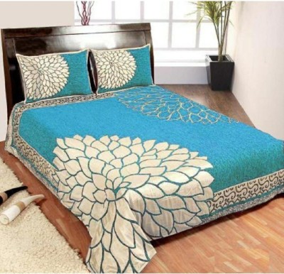 kitchDeco 500 TC Velvet Double Floral Flat Bedsheet(Pack of 1, Light Blue Flower Design)