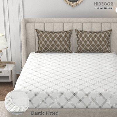HIDECOR 280 TC Microfiber King Geometric Fitted (Elastic) Bedsheet(Pack of 1, White & Multicolor)