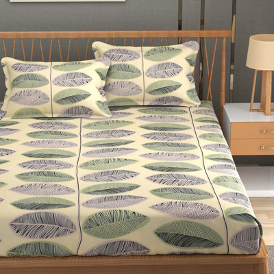 TURIYA Microfiber Double Fitted (Elastic) 180 TC Printed Bedsheet(Pack of 1, Beige)