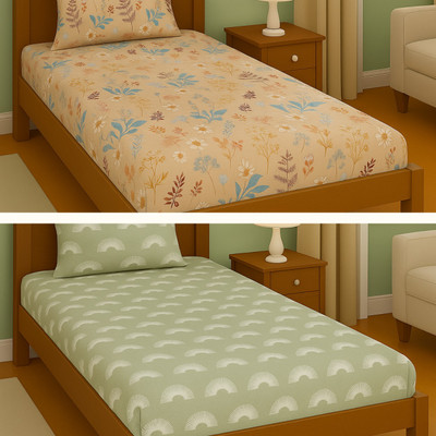 Lzyhome Cotton Single Fitted (Elastic) 310 TC Printed Bedsheet(Pack of 2, Beige&Light Green)
