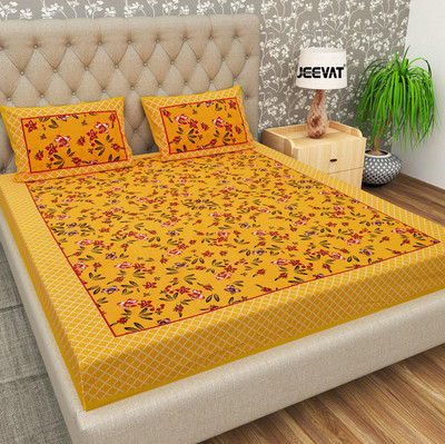Jeevat Cotton Double Flat 144 TC Jaipuri Prints Bedsheet(Pack of 1, Yellow)