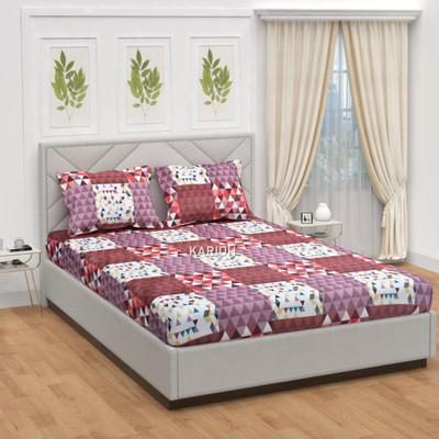 KARIDH 210 TC Cotton Double Geometric Fitted (Elastic) Bedsheet(Pack of 1, Maroon Damask)