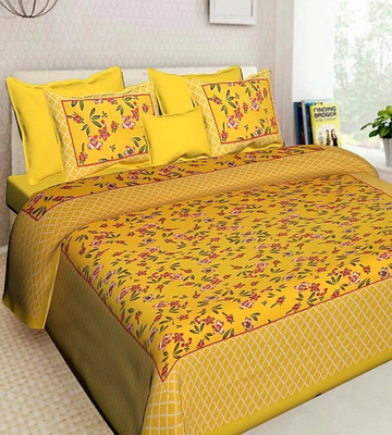 KUVAS Cotton Double Flat 104 TC Jaipuri Prints Bedsheet(Pack of 1, Yellow)