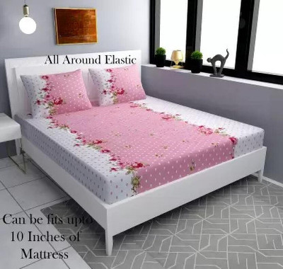 Royal Weave 280 TC Polycotton Double Printed Fitted (Elastic) Bedsheet(Pack of 1, Pink WHite)