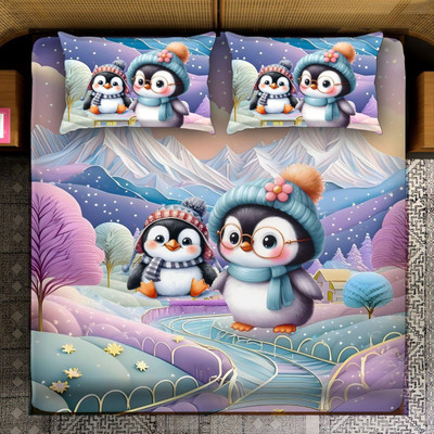 Home Sazawat Polycotton King Flat 390 TC Printed Bedsheet(Pack of 1, KING_Penguin_S1)