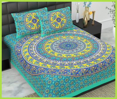 JAIPUR PRINTS Cotton Double Flat 160 TC Jaipuri Prints Bedsheet(Pack of 1, Sea green)