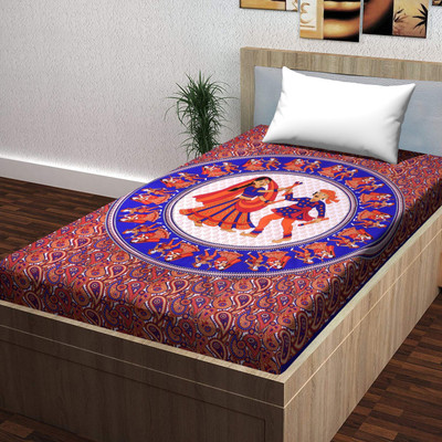 Poorak Cotton Single Flat 104 TC Jaipuri Prints Bedsheet(Pack of 1, Blue)