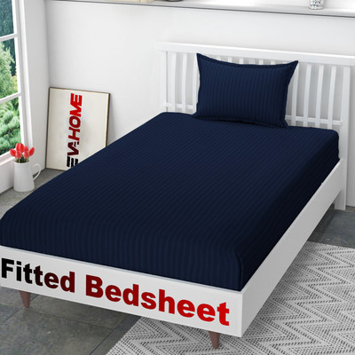 EVAHOME 300 TC Cotton Single Striped Fitted (Elastic) Bedsheet(Pack of 1, Navy Blue)