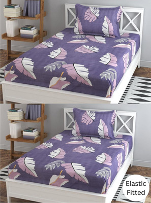Nt@ub 210 TC Cotton Single Printed Fitted (Elastic) Bedsheet(Pack of 2, Purple Leaf)