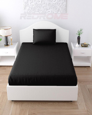WUSA Satin Single Flat 210 TC Striped Bedsheet(Pack of 1, Black)