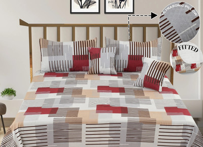 NCS Cotton Double Fitted (Elastic) 300 TC Striped Bedsheet(Pack of 1, 1 Bedsheet + 2 Quilted PillowCover + 2 Quilted CushionCovers with Filler)