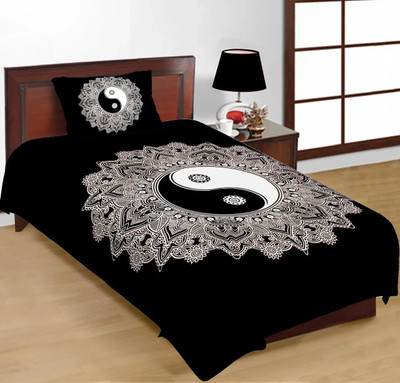 The Hobby Bounty 450 TC Cotton Single Self Design Flat Bedsheet(Pack of 1, Black, White)