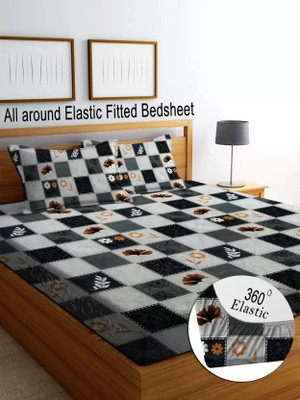RisingStar Cotton King Fitted (Elastic) 250 TC Striped Bedsheet(Pack of 1, Fitted_CheckBlack Grey)