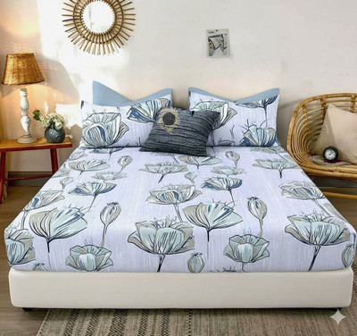 Somaya Cotton Double Fitted (Elastic) 230 TC Printed Bedsheet(Pack of 1, Light Blue)