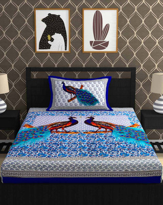 E ELMA Cotton Single Flat 160 TC Animal Bedsheet(Pack of 1, Blue)