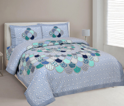 WAR TRADE Cotton King Flat 244 TC Jaipuri Prints Bedsheet(Pack of 1, sky)