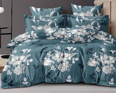 FashionsNet Cotton, Cotton Blend, Microfiber Super King, King, Queen, Double Fitted (Elastic) 250 TC Floral Bedsheet(Pack of 1, Teal blue)