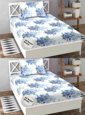 P.Rtrend 210 TC Cotton Single Printed Fitted (Elastic) Bedsheet(Pack of 2, White floral)