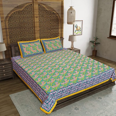 FrionKandy Living 140 TC Cotton Double Jaipuri Prints Flat Bedsheet(Pack of 1, Yellow)
