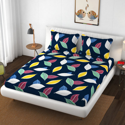 The Little Big Store Cotton King Fitted (Elastic) 210 TC Printed Bedsheet(Pack of 1, Navy Leafy)