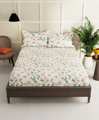 AVINYA 244 TC Cotton Single Printed Fitted (Elastic) Bedsheet(Pack of 1, Cream phol)
