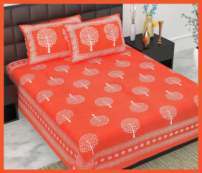 BedZone Cotton Double Flat 240 TC Jaipuri Prints Bedsheet(Pack of 1, Orange)