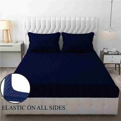 GulatiPrints Polycotton Queen Fitted (Elastic) 250 TC Striped Bedsheet(Pack of 1, Blue)