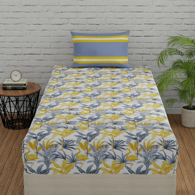 Huesland Cotton Single Flat 144 TC Striped Bedsheet(Pack of 1, Flamingo & Stripes - Grey & Yellow)