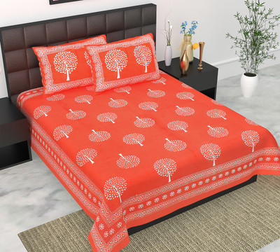 Navkar Creation 104 TC Cotton Double Jaipuri Prints Flat Bedsheet(Pack of 1, Orange)