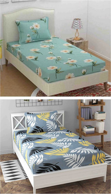 SANJEET Polycotton Single Flat 220 TC Printed Bedsheet(Pack of 2, Grey Leaf)